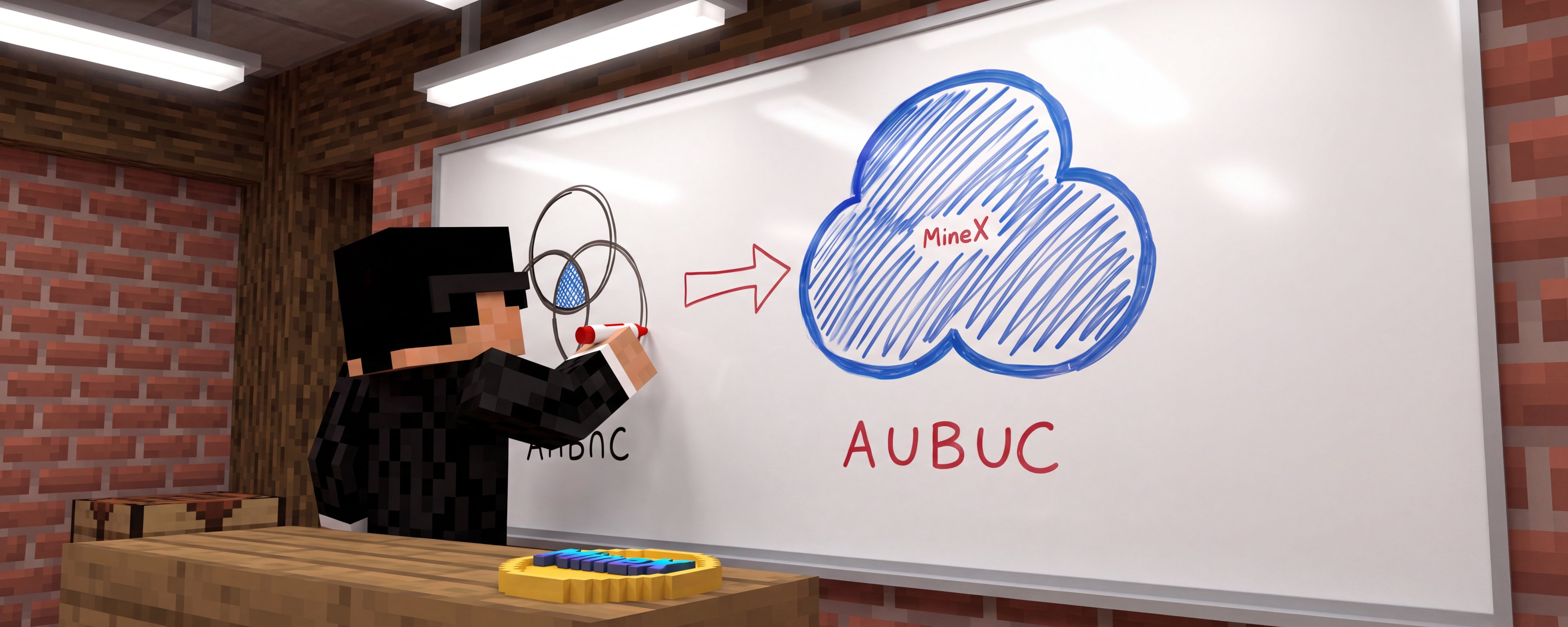 A Minecraft character drawing the MineX economy on a whiteboard