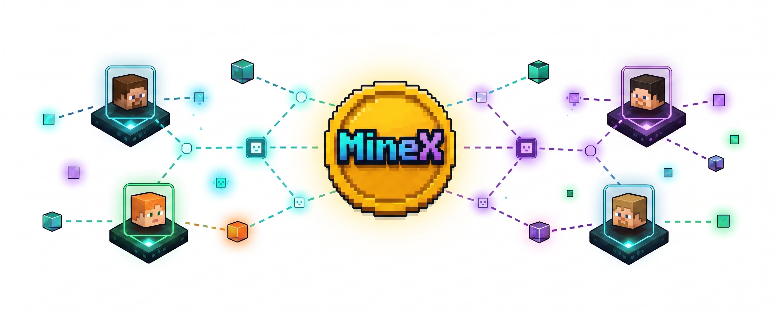 MineX coin at the center of a network of Minecraft players trading items on chain
