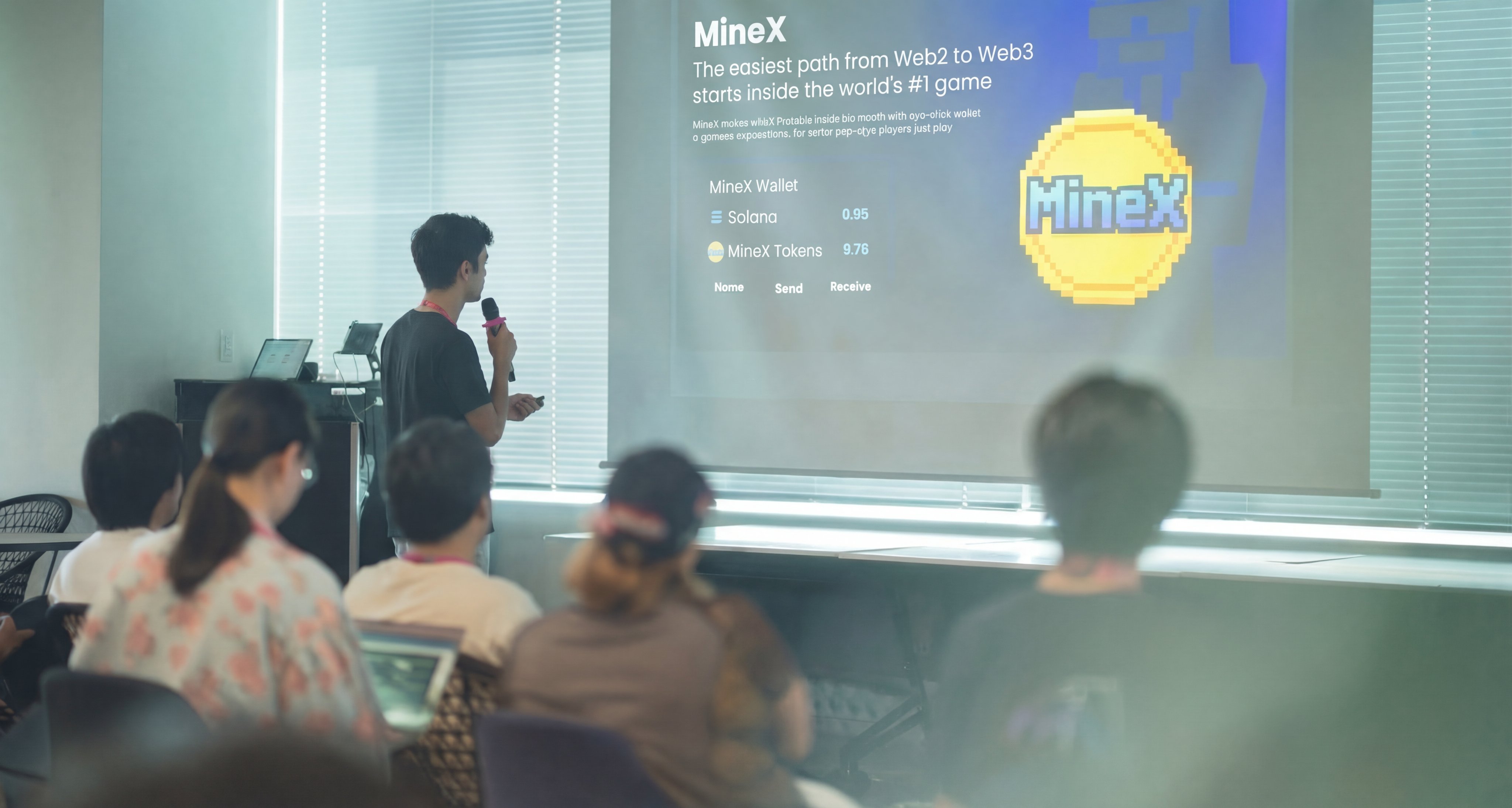 Yeray pitching MineX on stage during Solana Startup Village Tokyo, August 2025